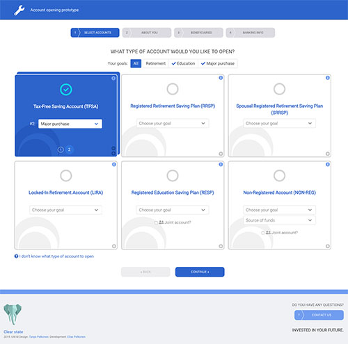 Investment account opening screen after redesign