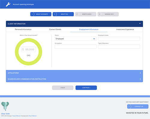 Investment account opening screen after redesign