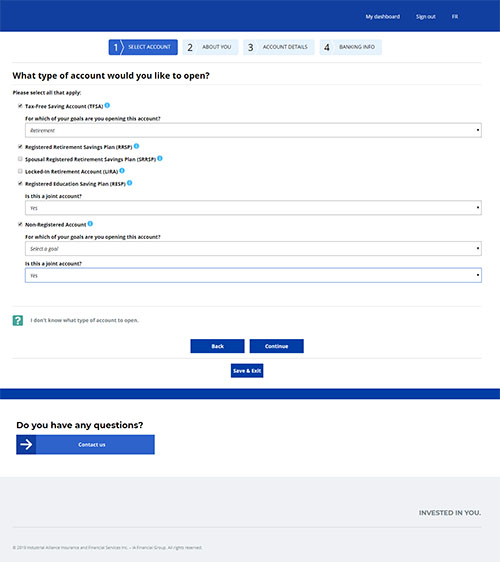 Investment account opening screen before redesign