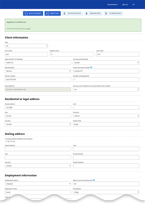 Investment account opening screen before redesign