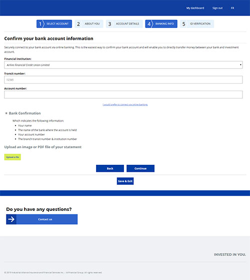 Account opening screen before redesign